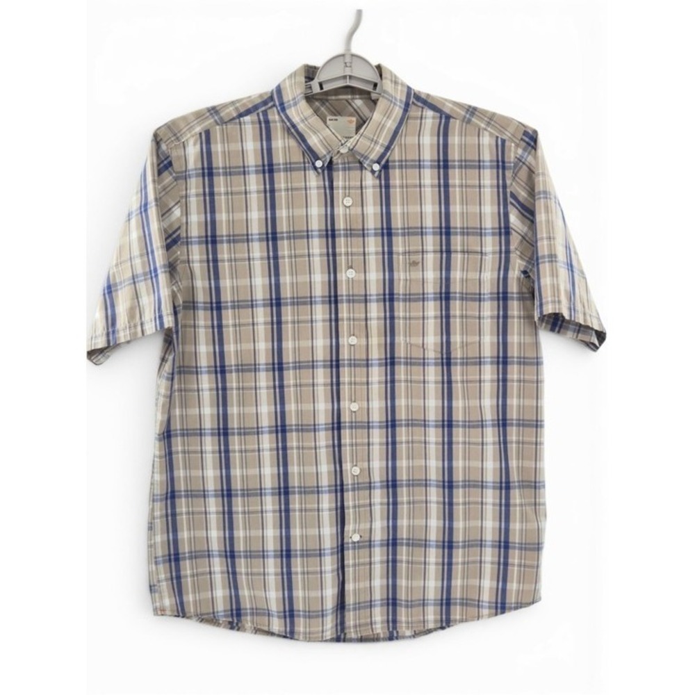 Dockers Men's Blue Beige Plaid L Short Sleeve Button Down Shirt Casual Workwear
